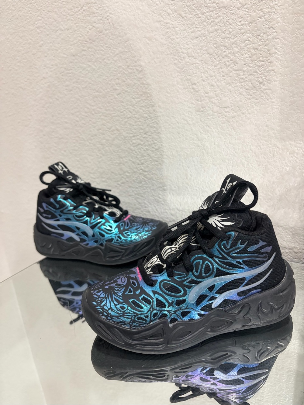 Puma Kids Black Sneakers with Blue Teal Iridescent Flame Design